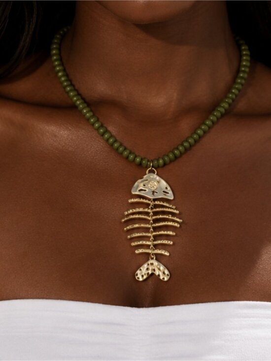 Anthropologie Jewelry - New! Coastal Green Beaded Gold Fishbone Statement Necklace NWOT (1076)